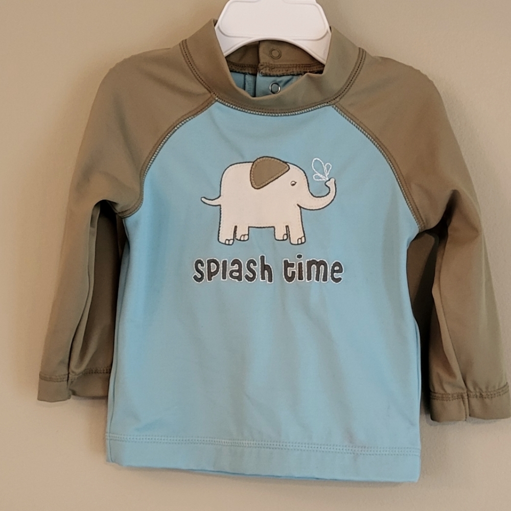 "Splash time" rashguard swim top with elephant graphic